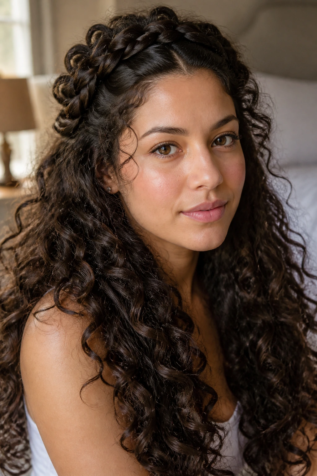 Close-up of a real woman with a crown braid framing loose curls in natural window light