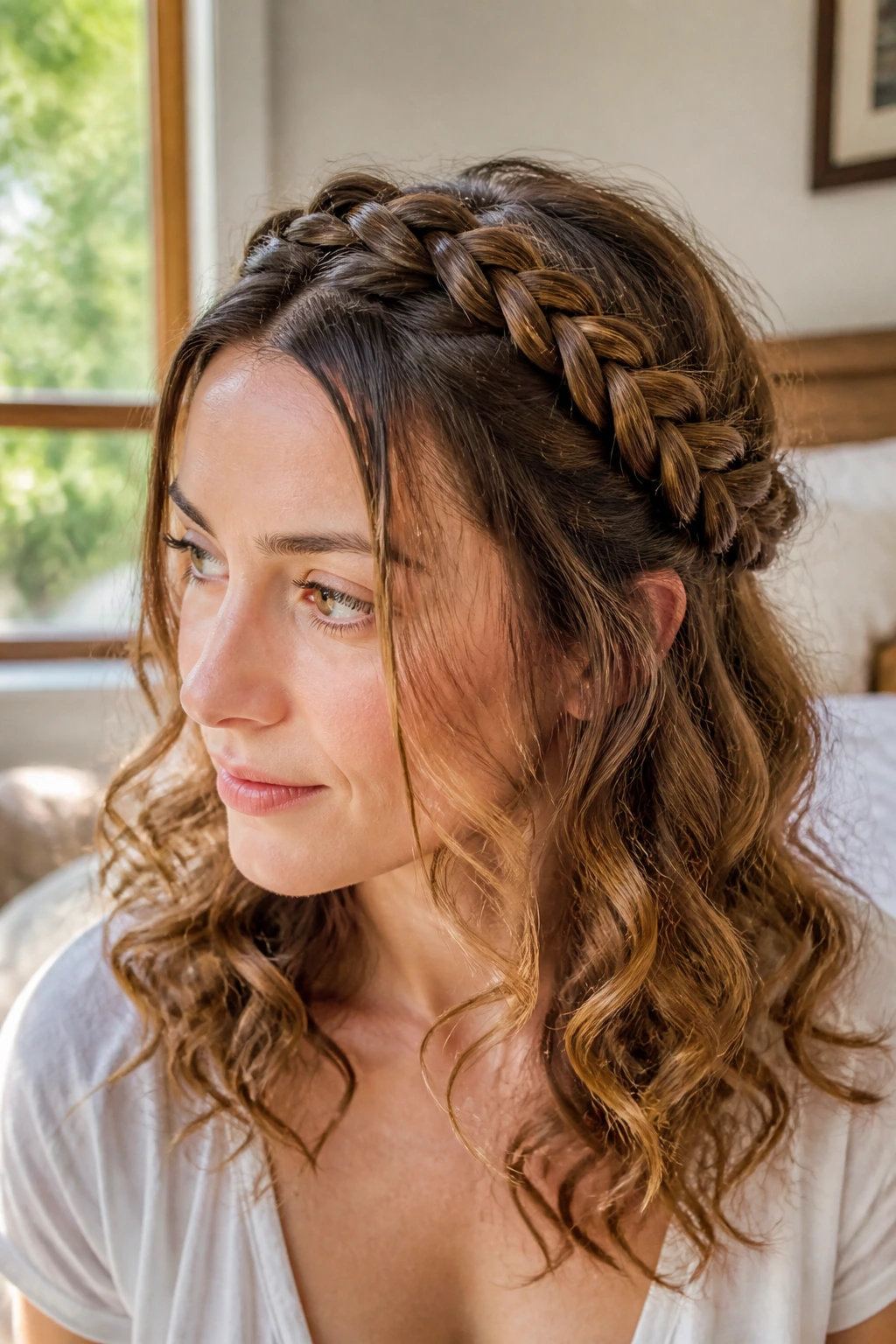 Real woman with crown braid and curly ends