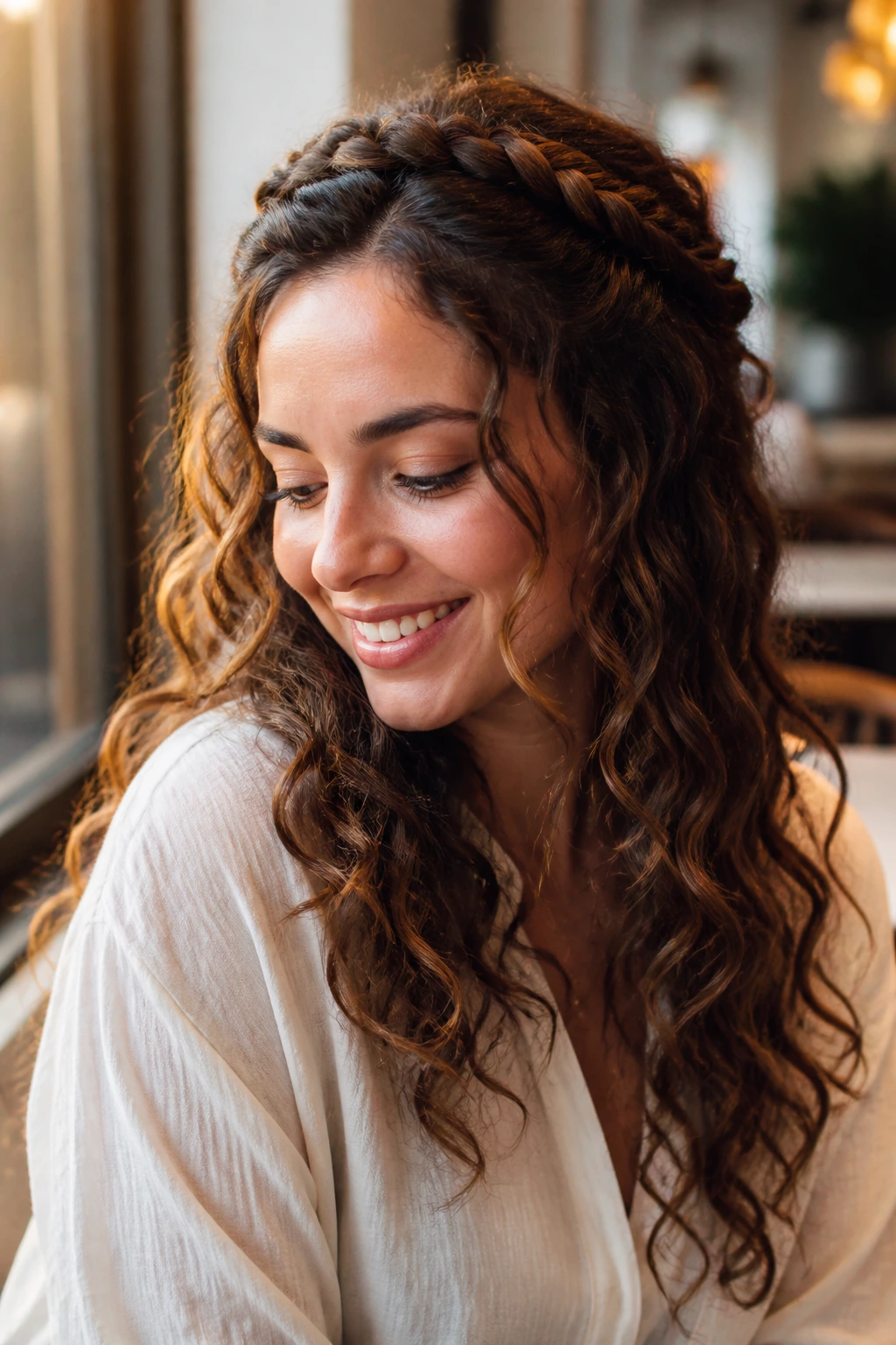 Close-up of a woman with a crown braid and loose curls framing her face