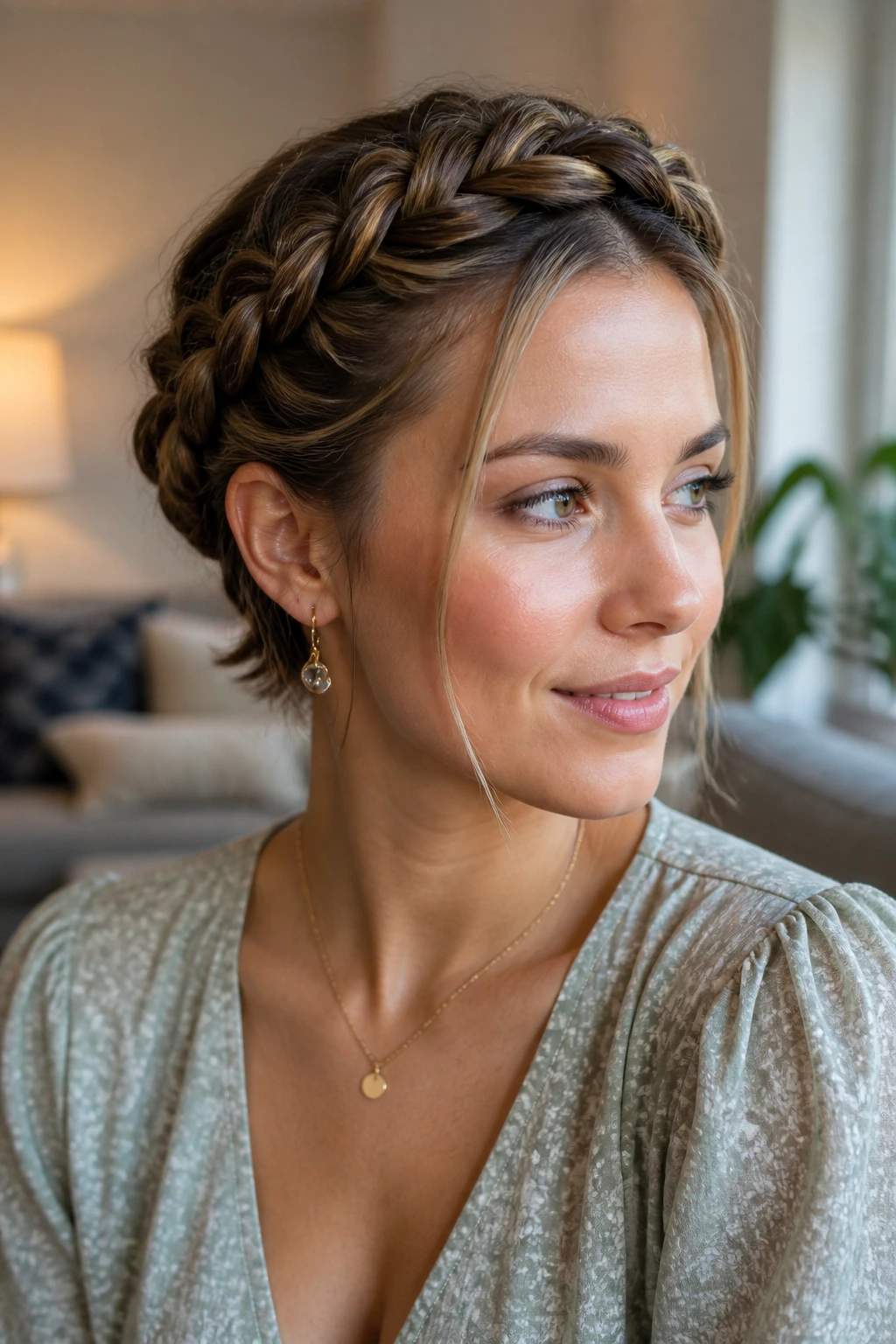 Portrait of a real woman with a finished crown braid and glossy finish