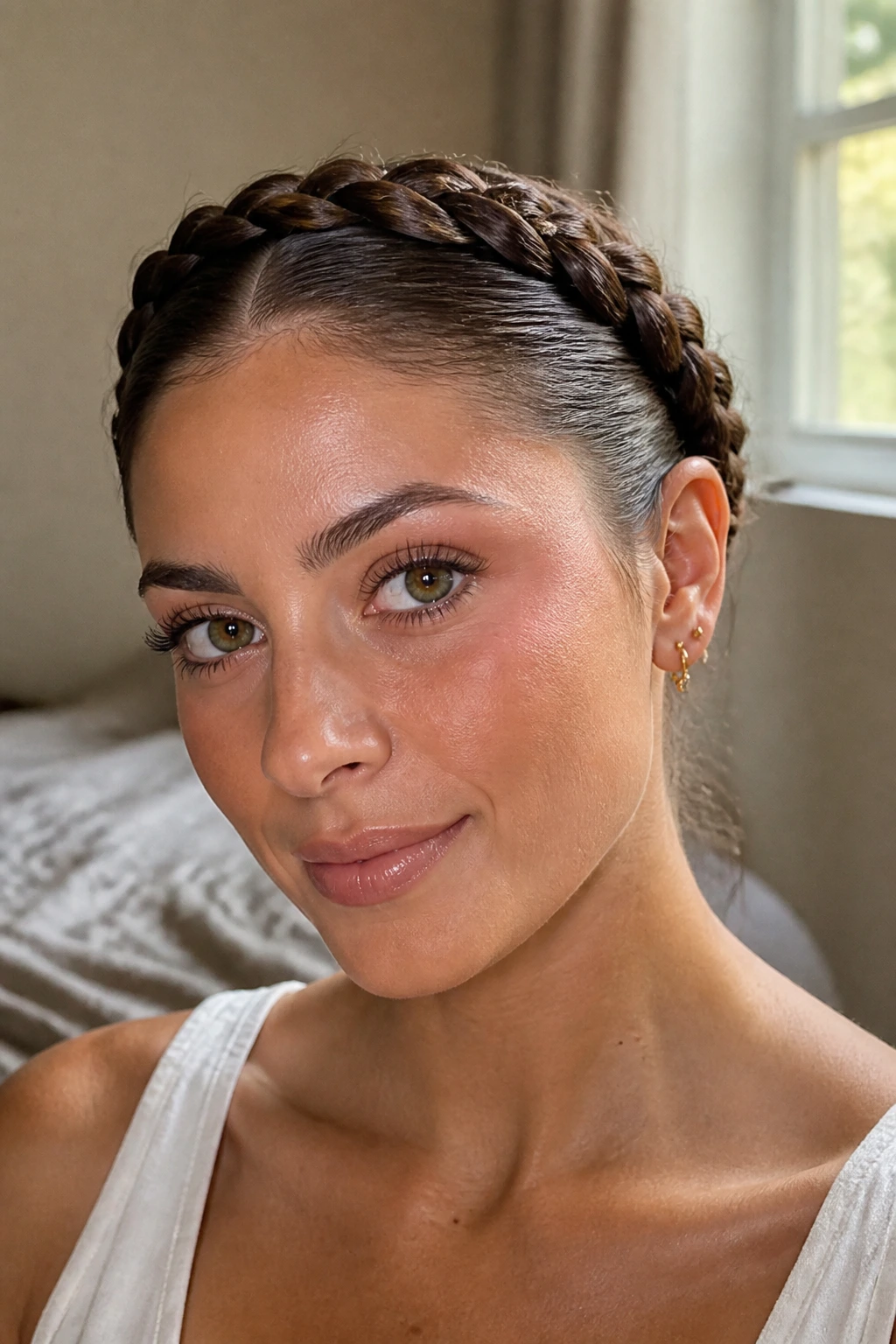 Close-up portrait of a real person with crown braid and glossy roots.
