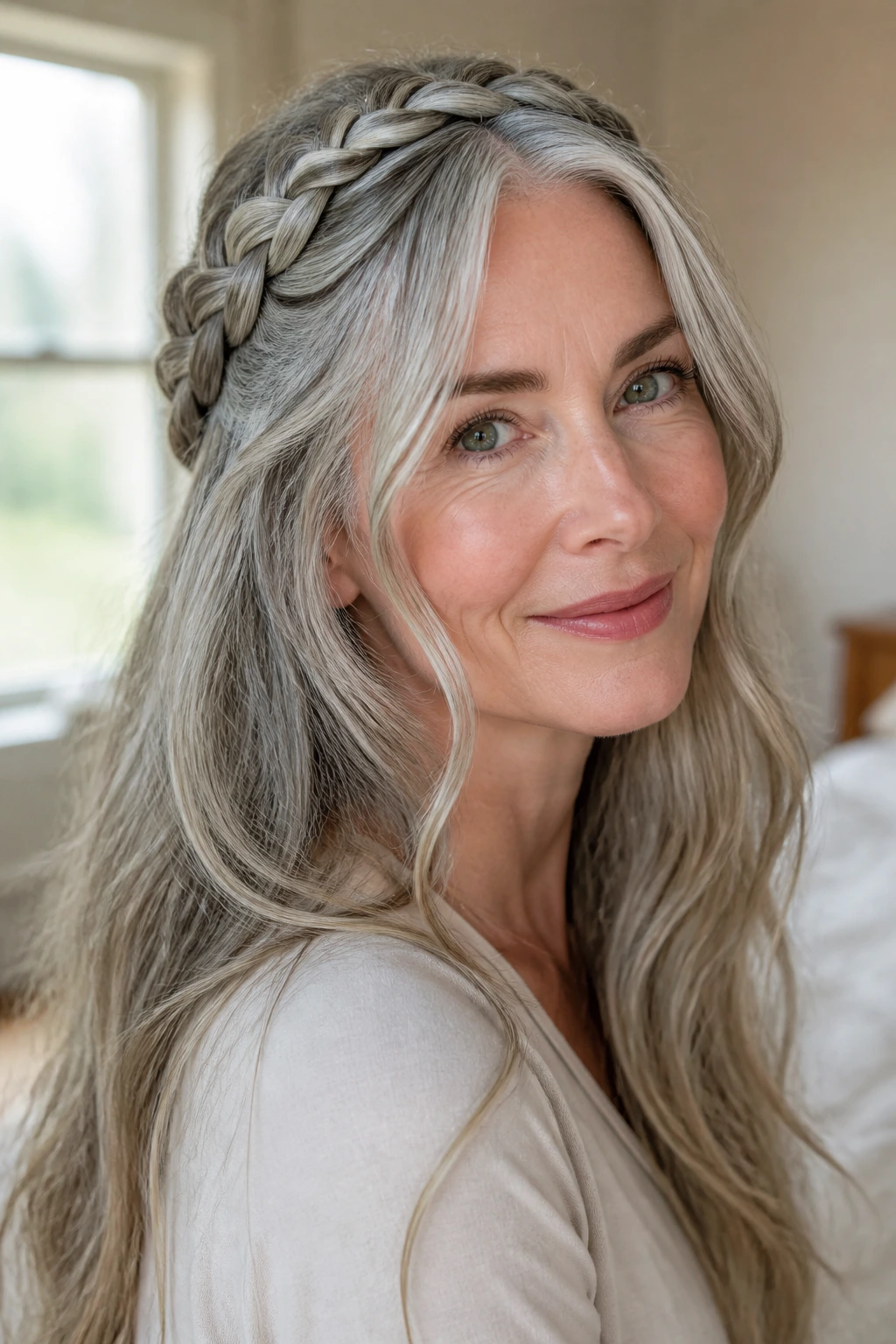 Close-up of a real woman with crown braid and loose lengths in gray hair
