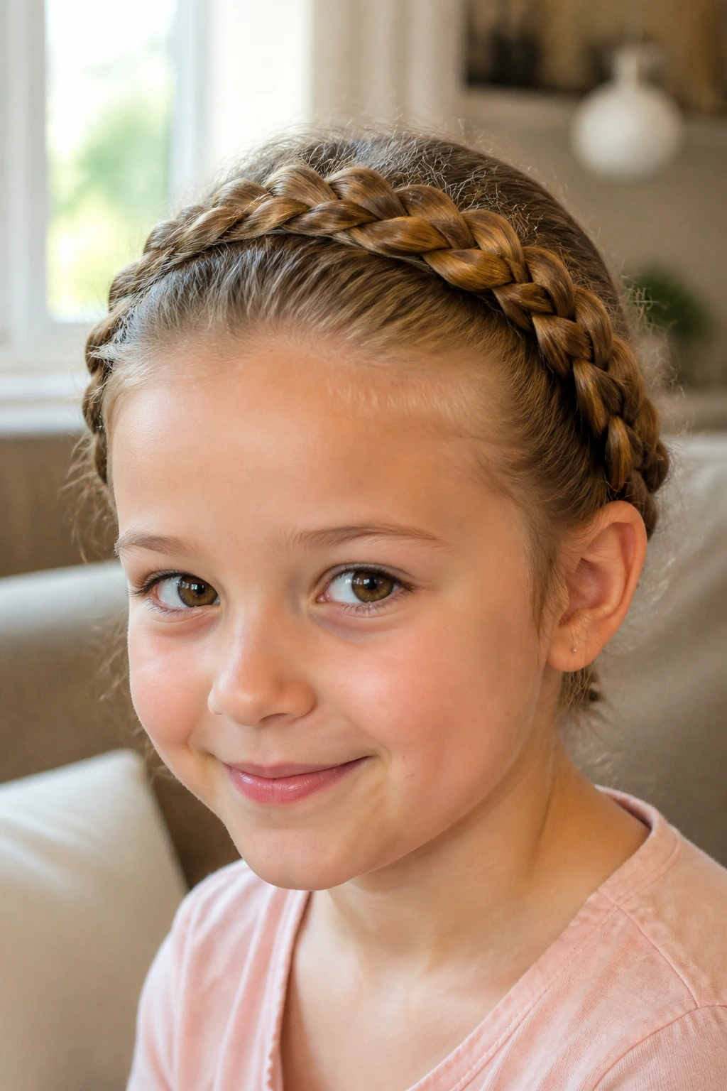 Close-up of a real girl wearing a crown braid around the hairline
