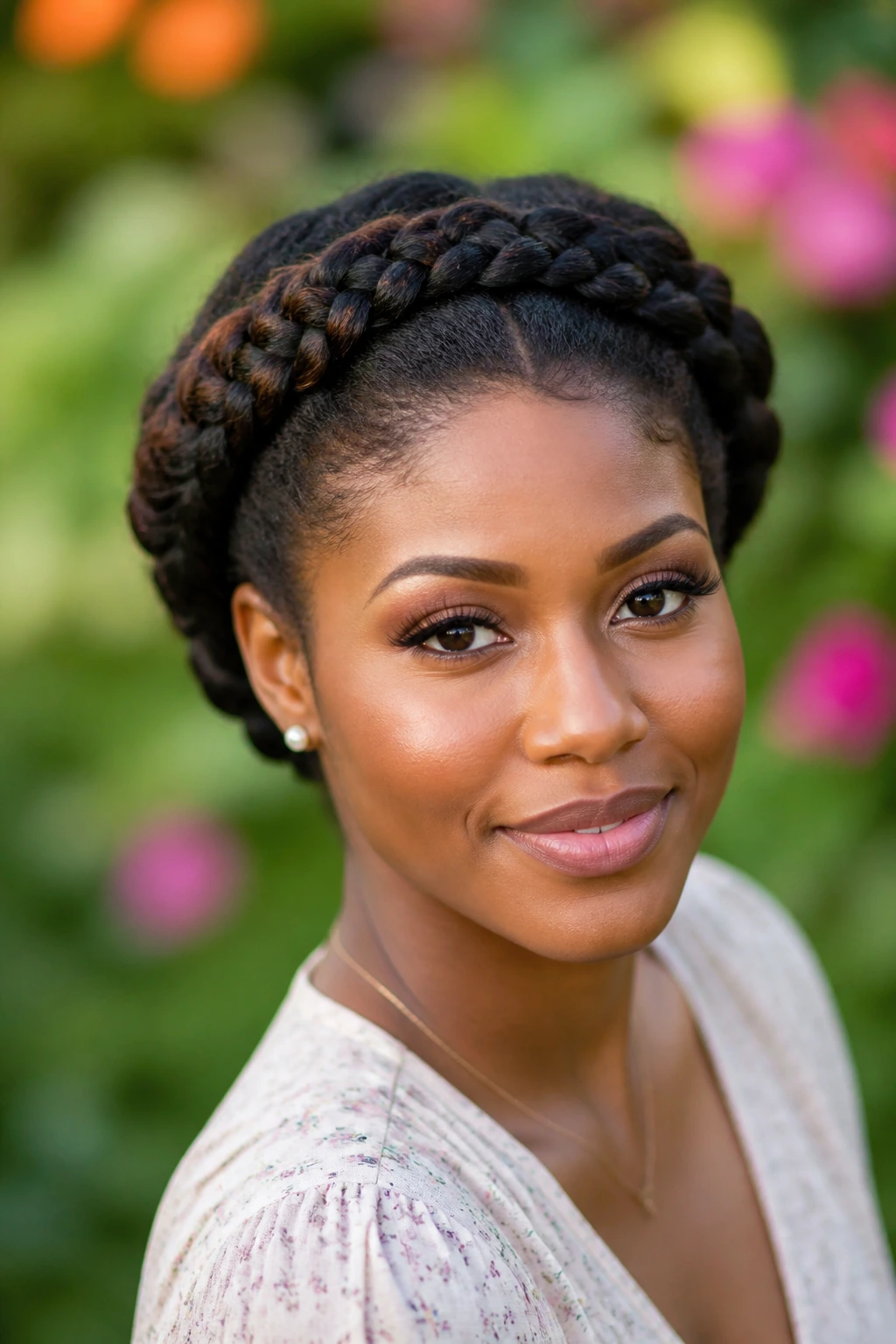Close-up portrait of a real person wearing a crown braid along the hairline