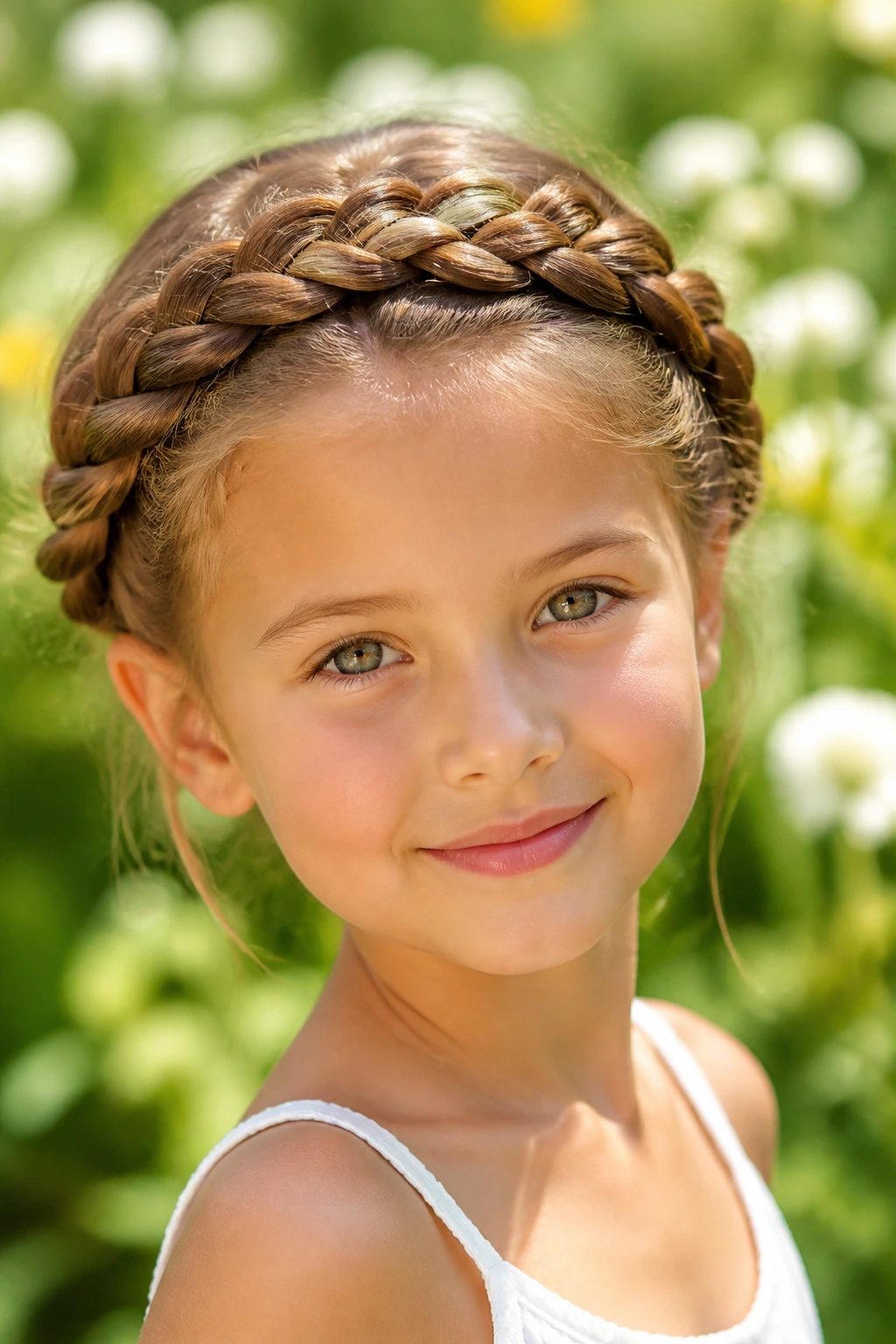 Close-up of a girl with a crown braid in a sunlit garden