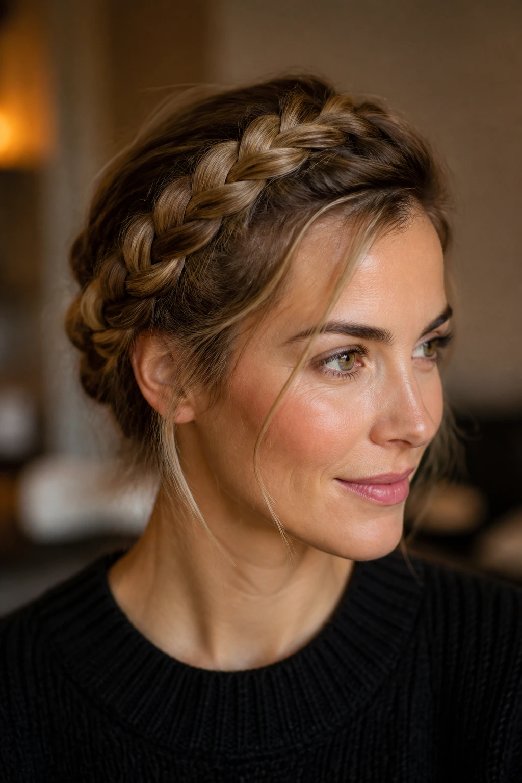 Portrait of a person wearing a crown Dutch braid around the head