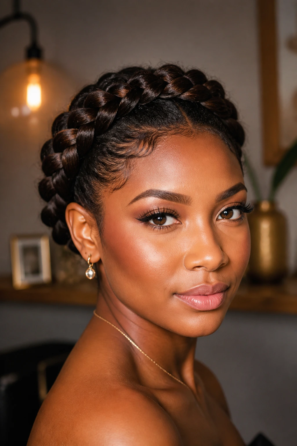 Woman wearing a crown braid in a stylish indoor setting