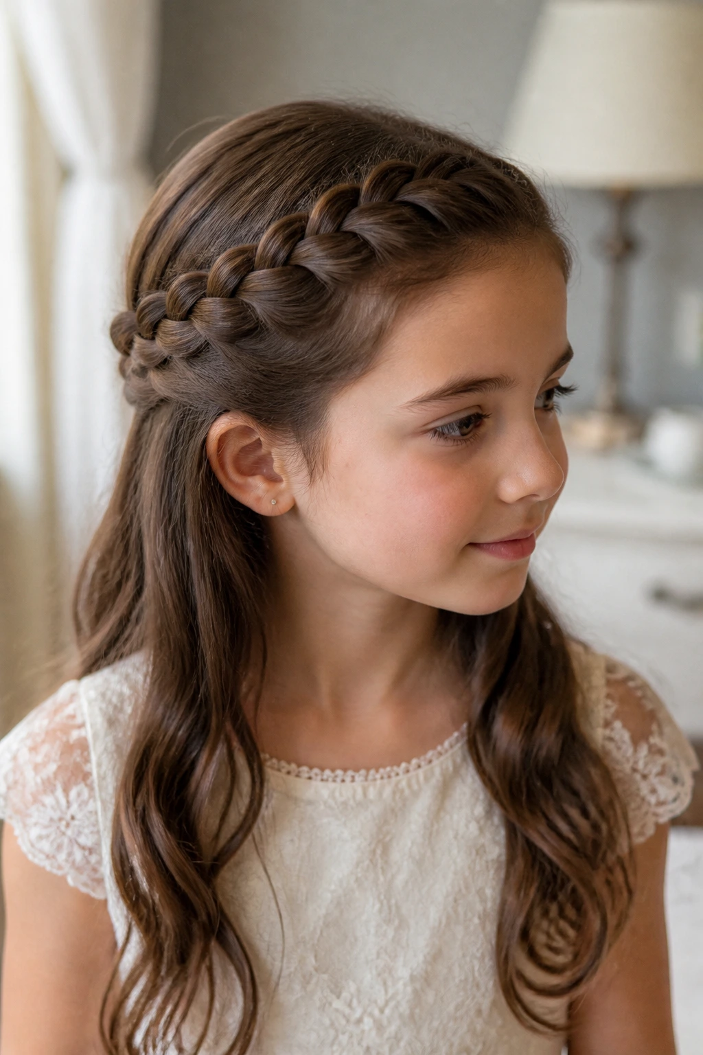 Girl with slim crown braid half-up hairstyle