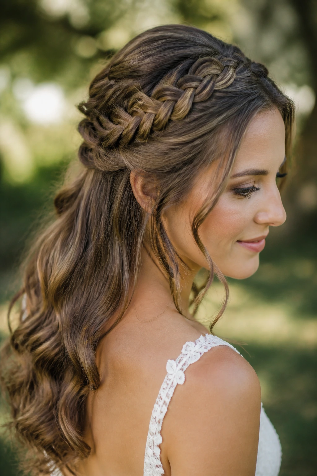 Close-up of crown braid half up across the crown on a real bride