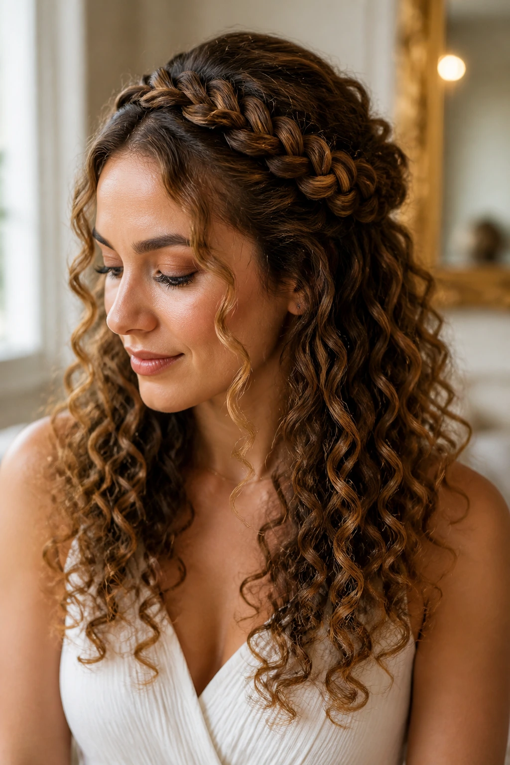 Close-up of a real woman with a crown braid half-up across the crown on curly hair
