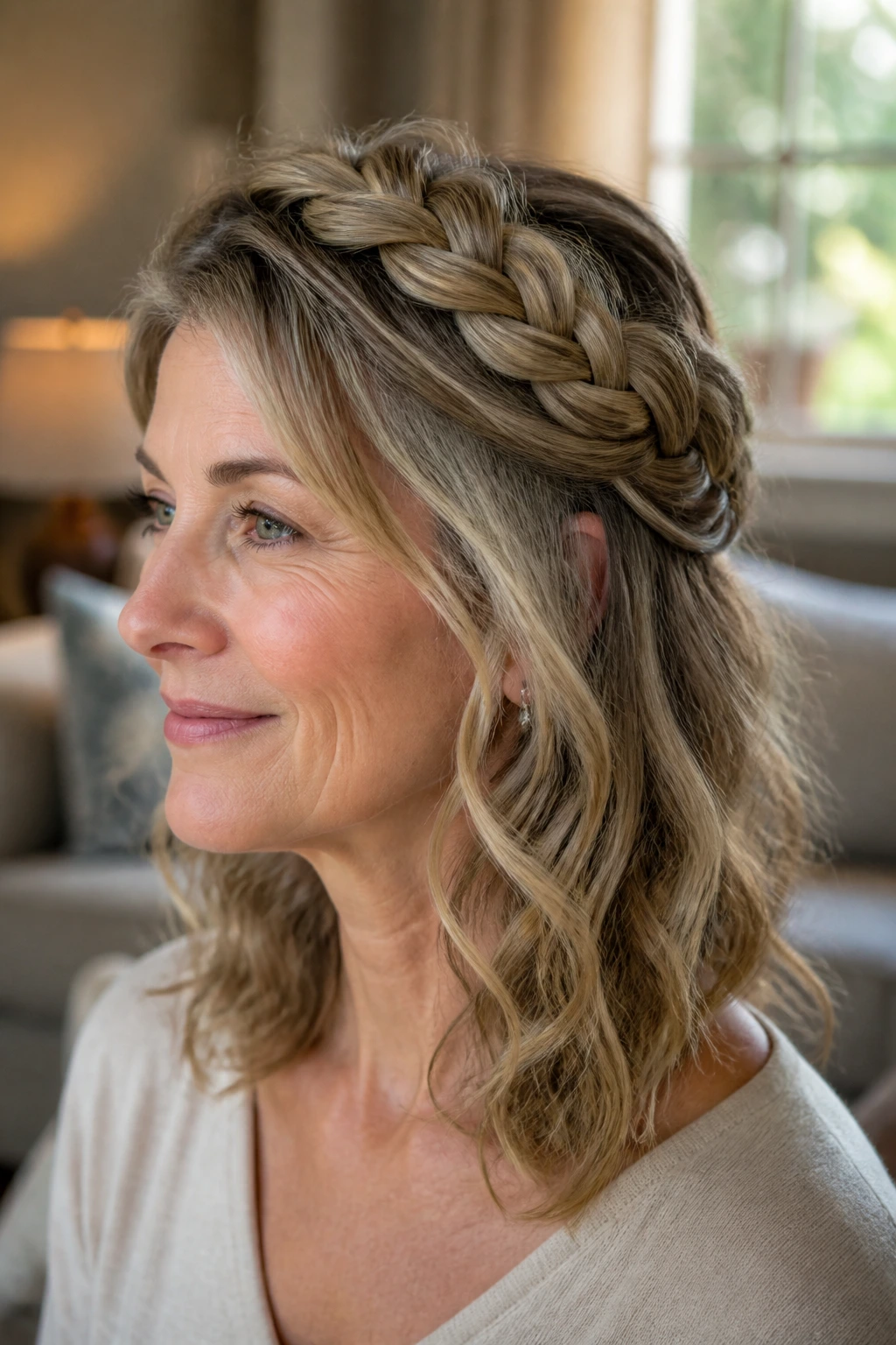Close-up portrait of a woman with a loose crown braid and wavy shoulder-length hair, lit by natural window light.