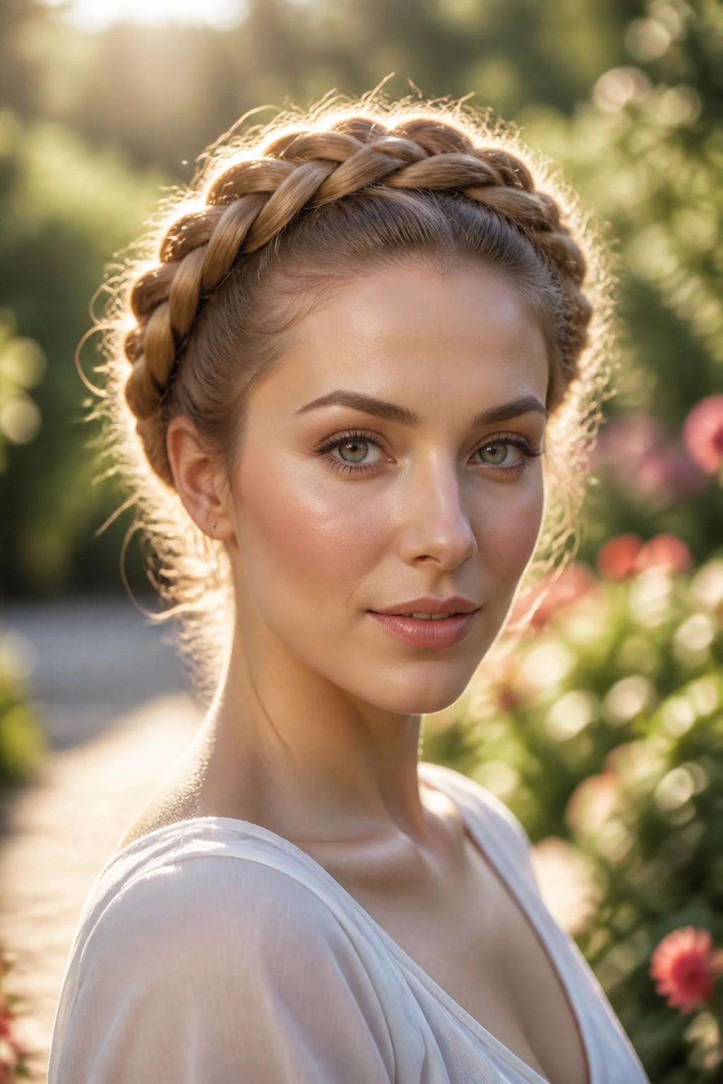 Real woman with crown braid halo in soft garden light