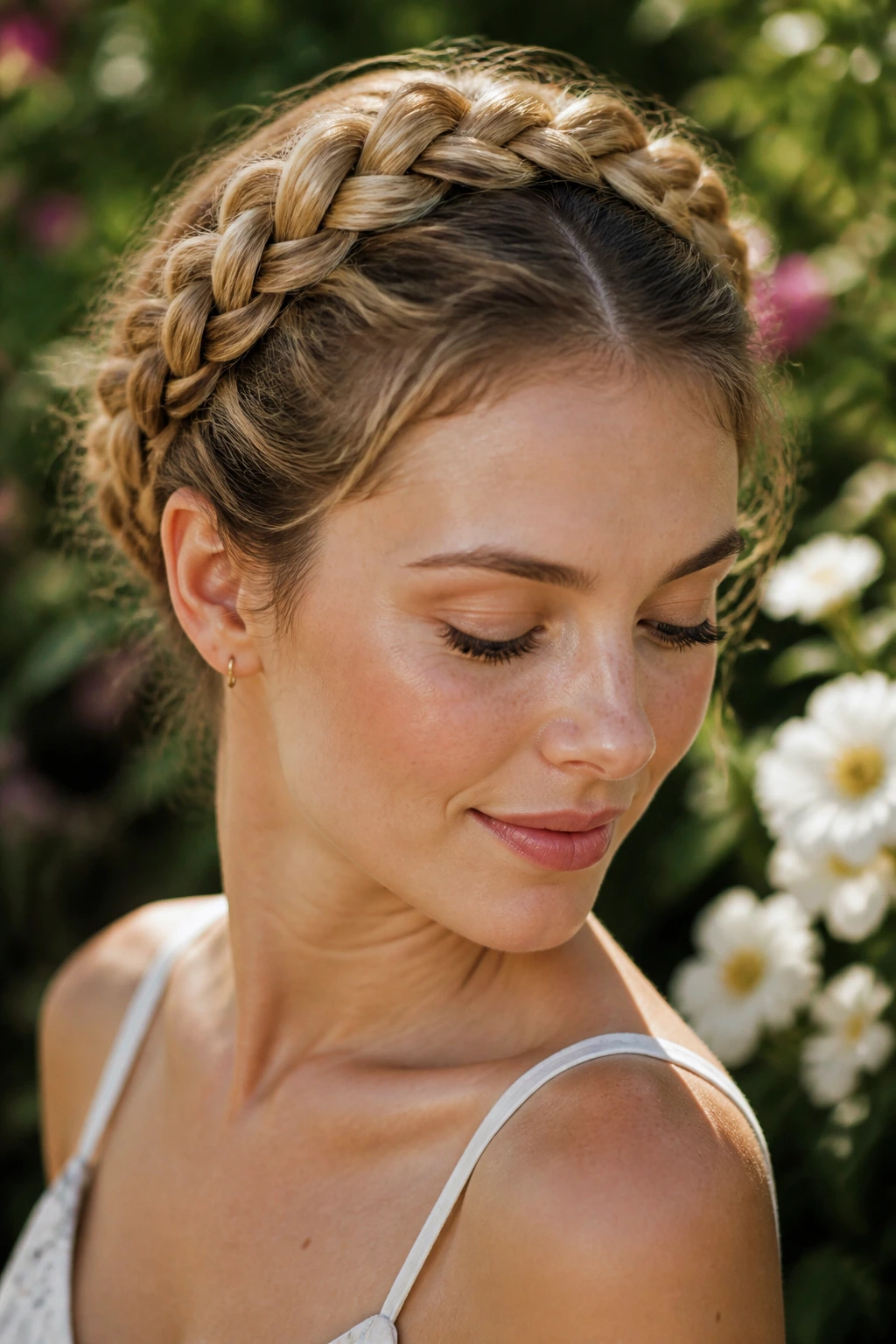 Portrait of a woman wearing a crown halo braid around her head