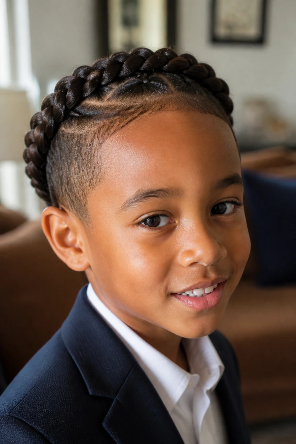Close-up of a real boy wearing a crown braid halo around the head.