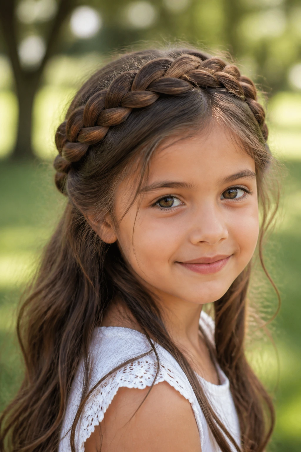Brunette girl with crown braid halo around head in park.