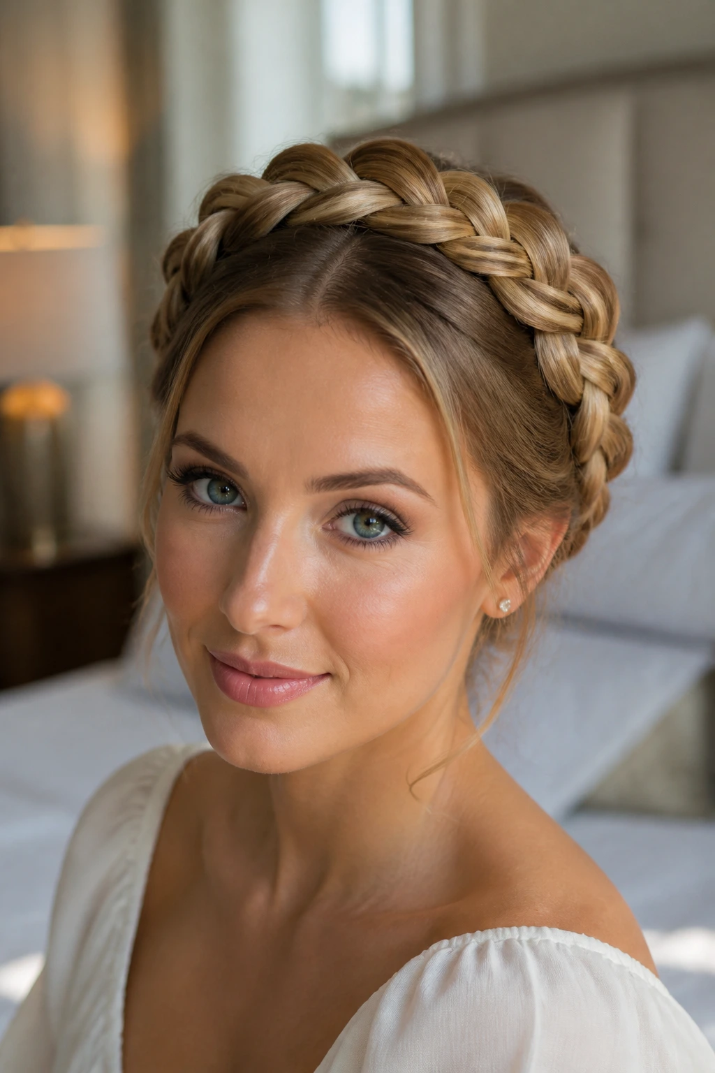 Woman with a Dutch crown braid halo around her head.