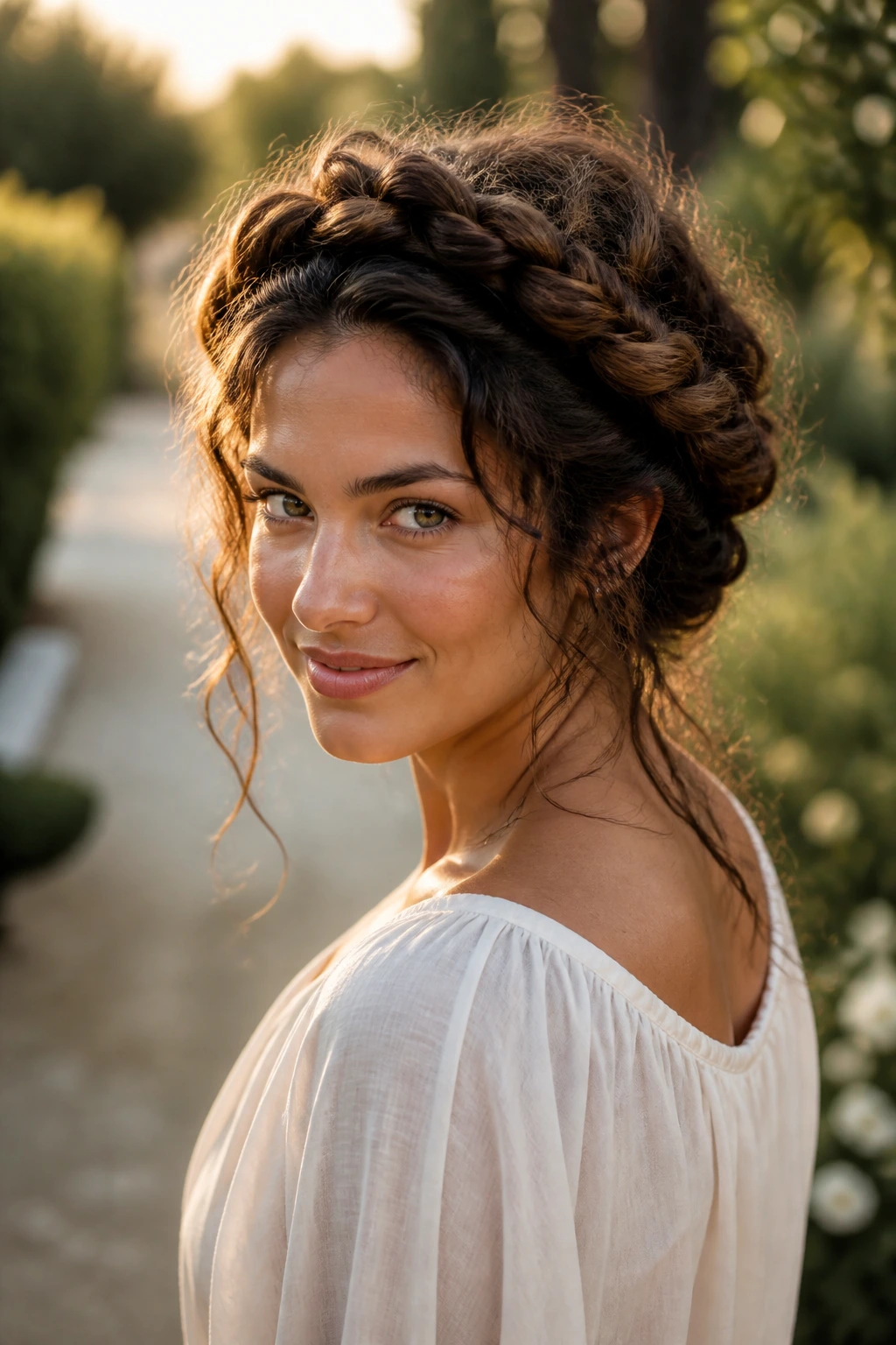 Portrait of a woman with a crown braid halo around her head