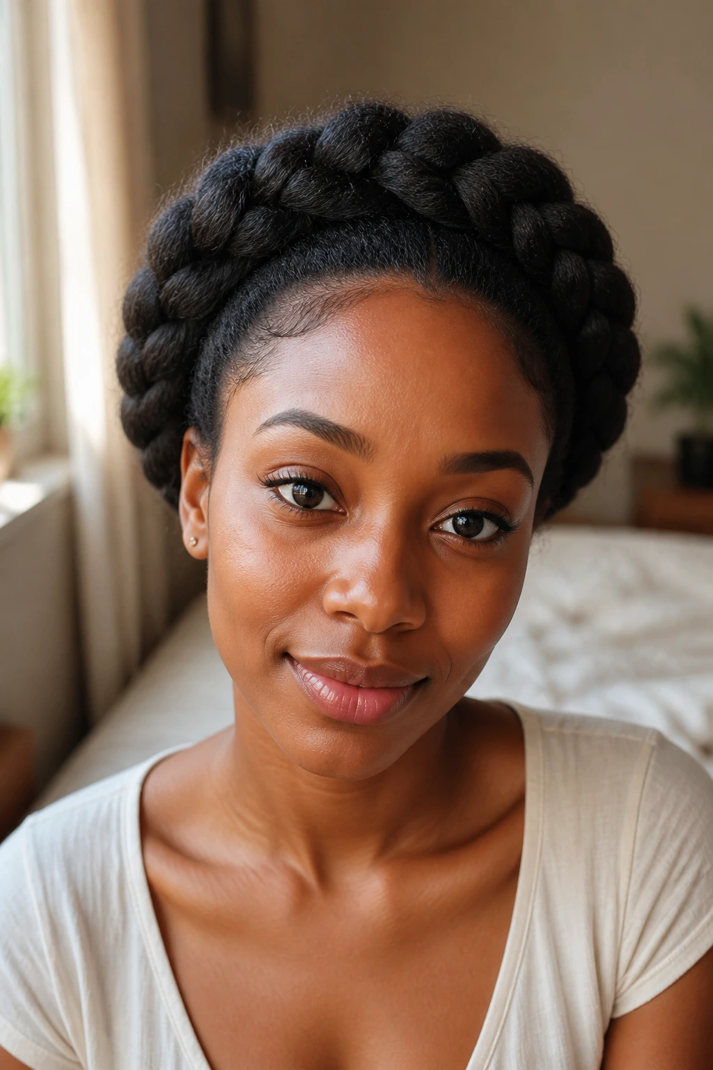 Close-up portrait of a woman with crown braid halo in soft window light