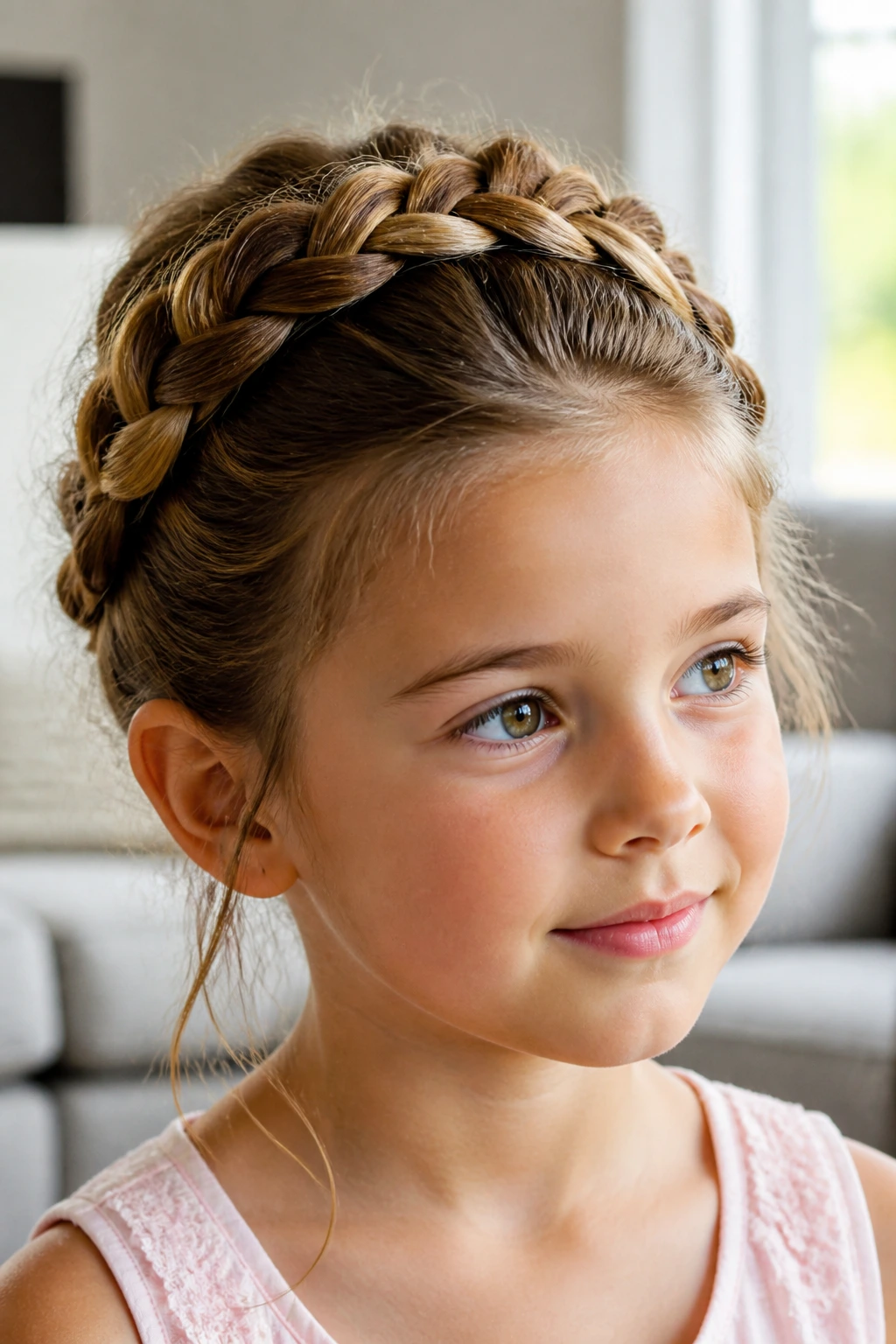 Close-up of a child with a crown braid halo around the head