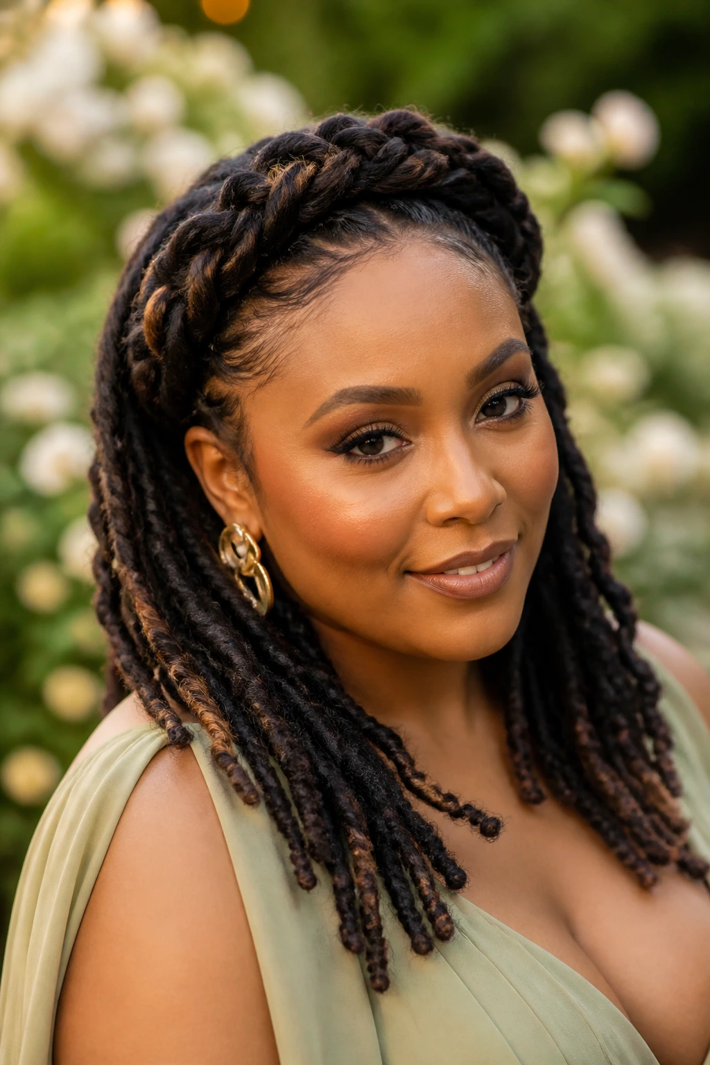 Close-up of a woman with crown braid halo atop locs in garden light