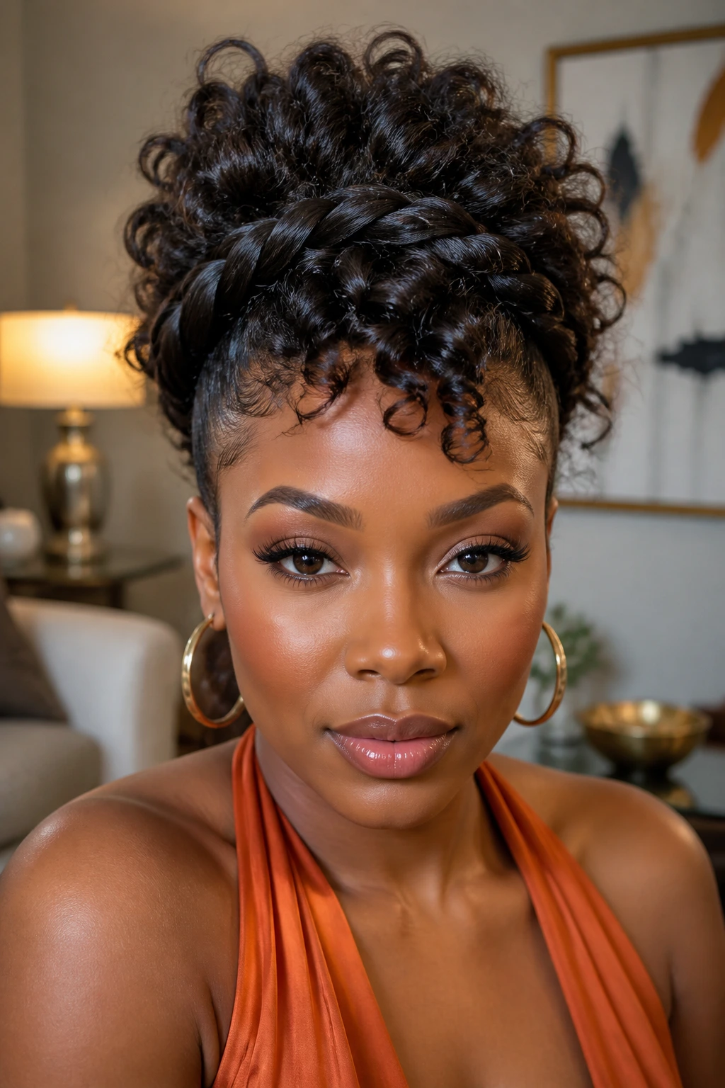 Close-up portrait of a real Black woman with crown braid halo and loose curls mohawk.