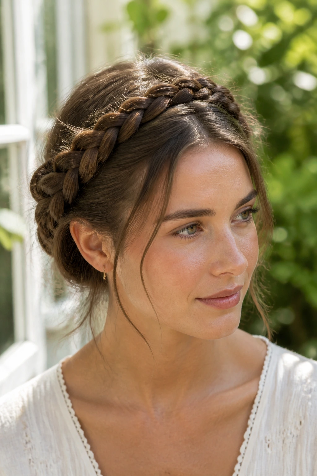 Close-up of a real person wearing a crown braid halo on medium-length hair