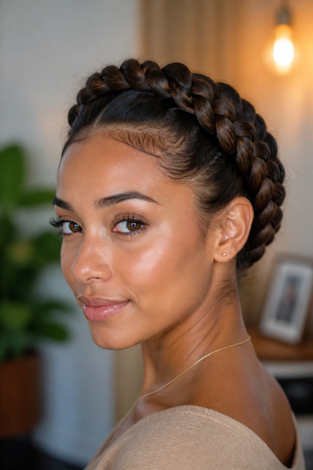 Real person with a neatly shaped crown braid halo around the head
