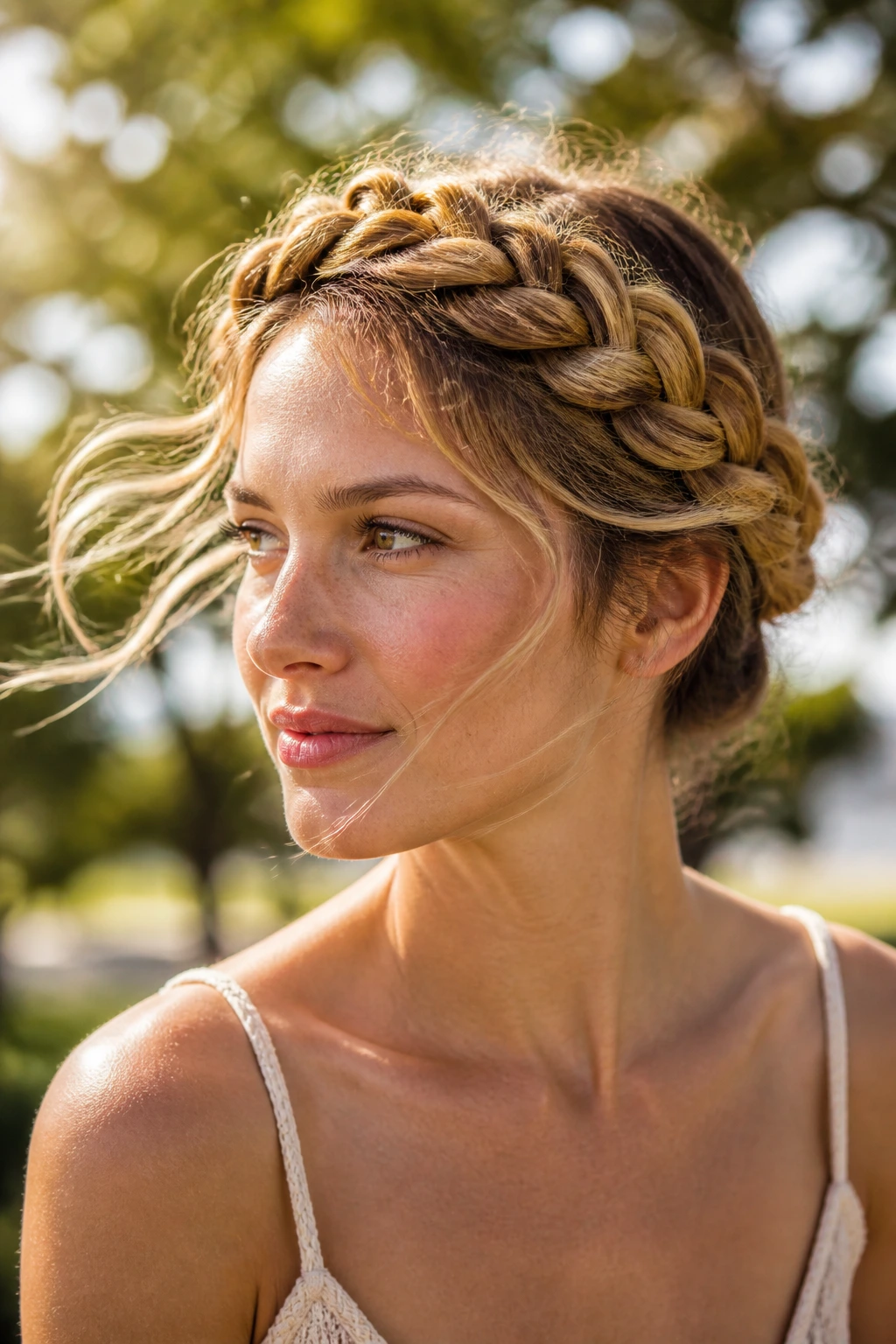 Close-up of crown braid halo on a real woman outdoors in windy afternoon light