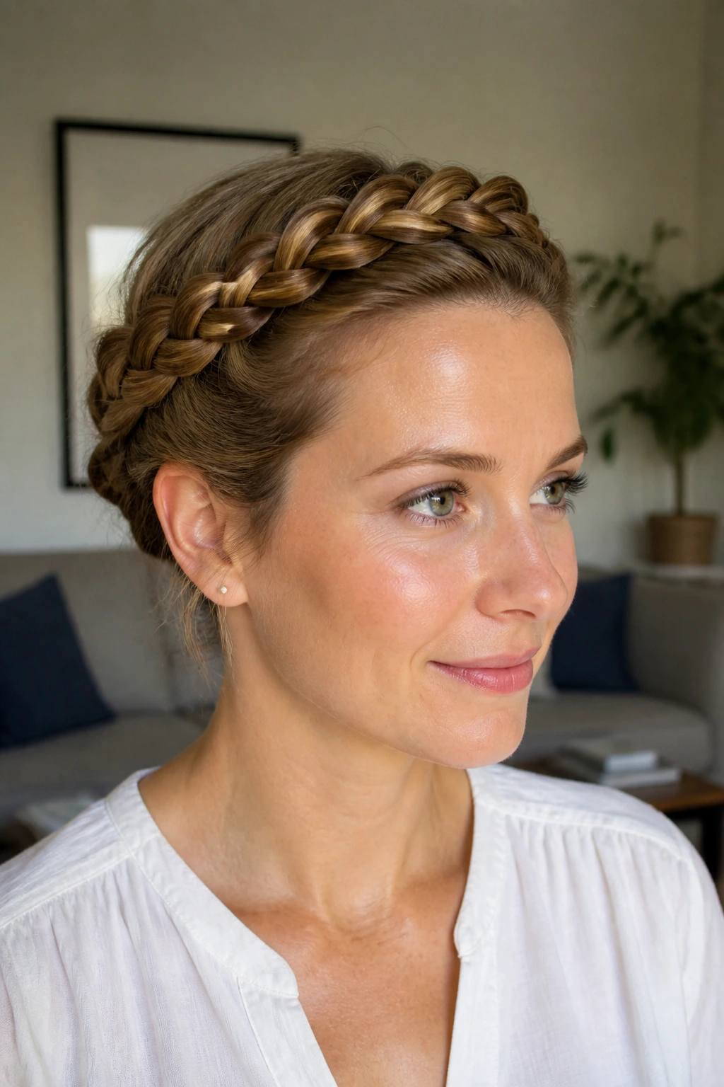 Close-up of a real woman wearing a crown braid around her head.