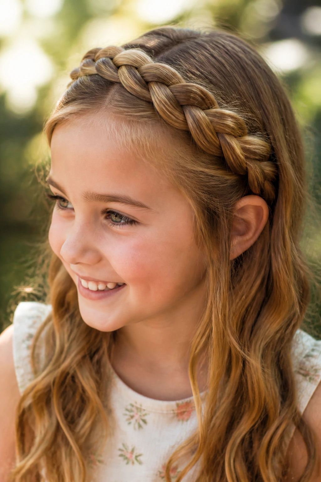Girl wearing a crown braid headband with loose hair
