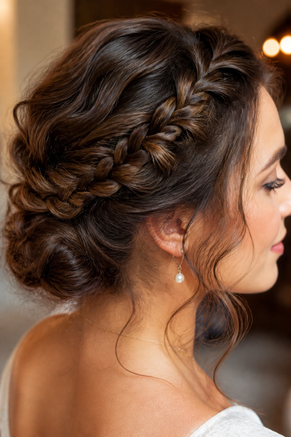 Close-up of a real woman with crown braid and hidden bun