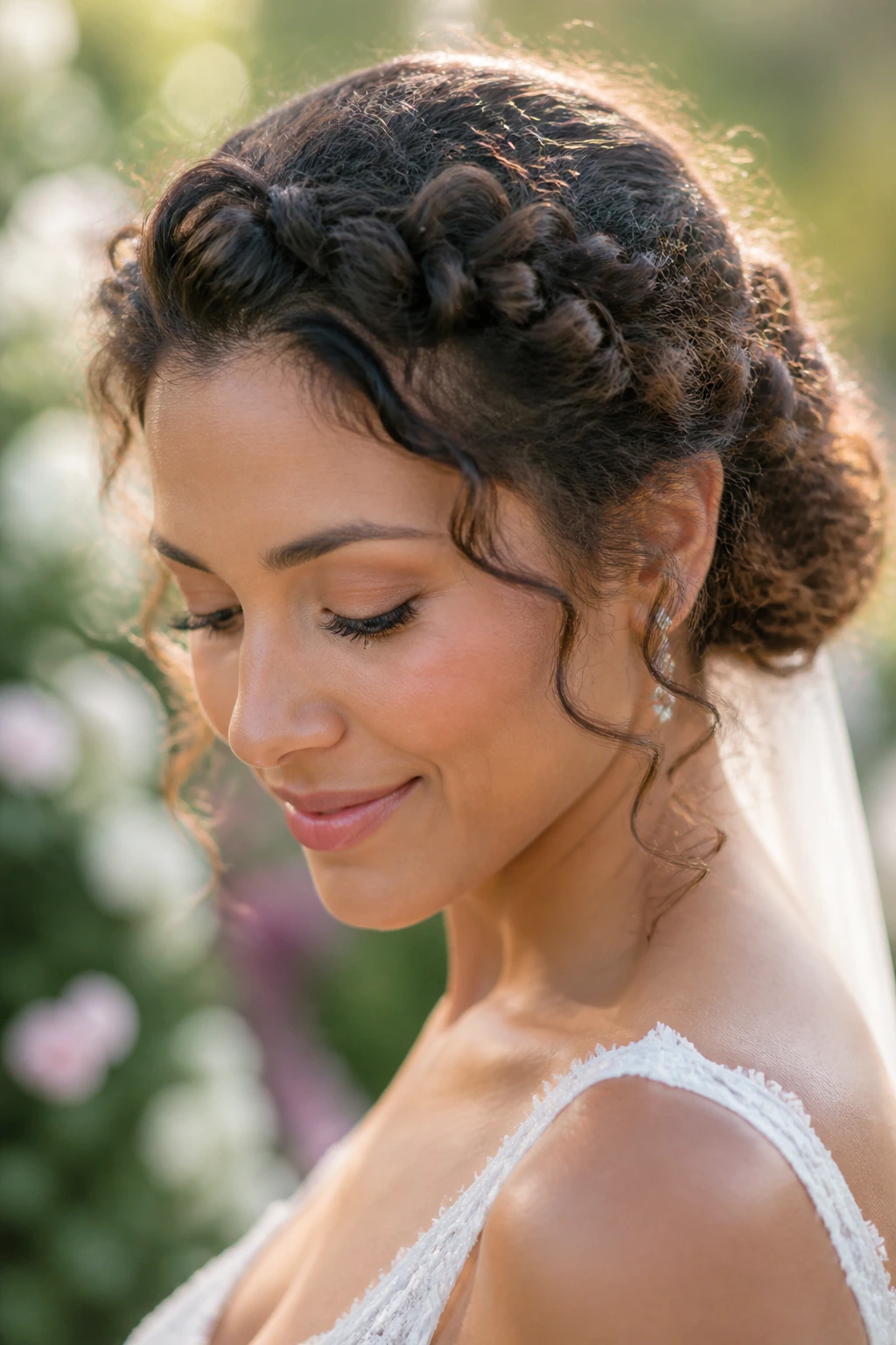 Bride wearing a curly crown braid with hidden bun