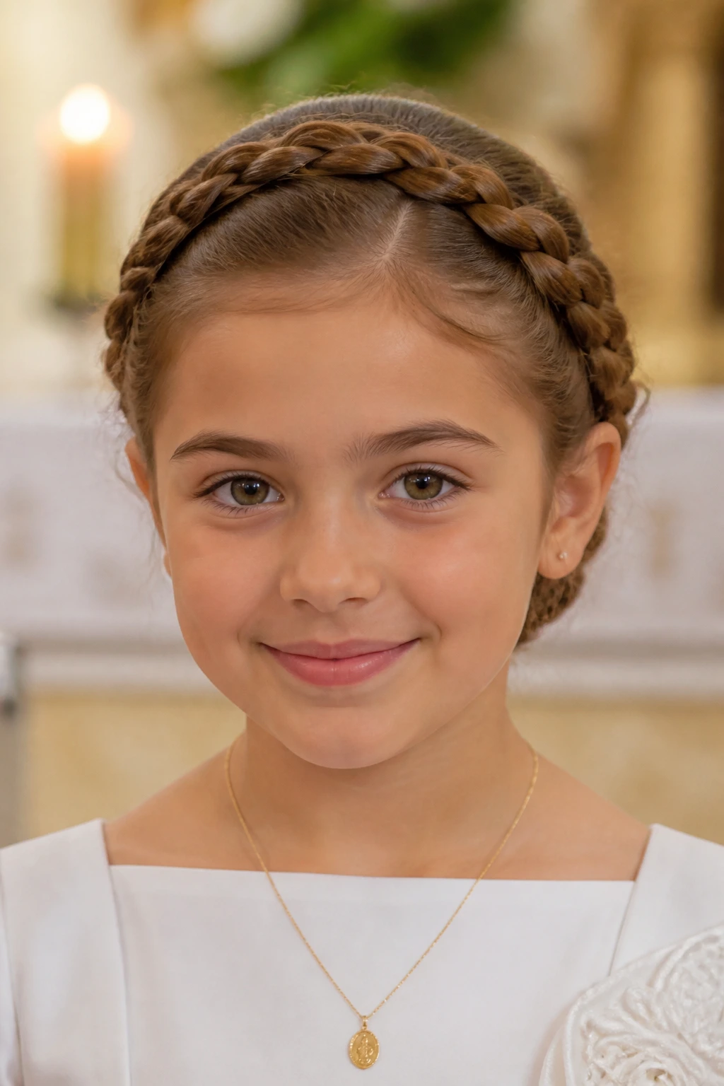 Close-up of a real child wearing a crown braid with a hidden bun around the head.