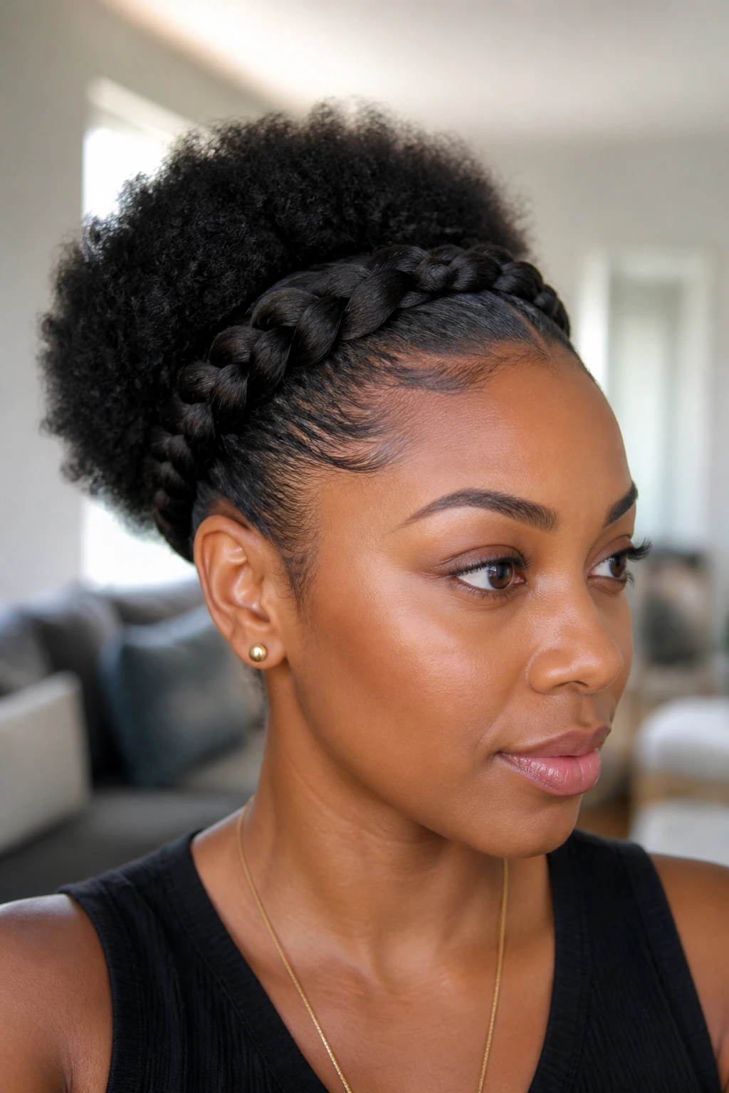 Close-up of a real woman with a crown braid flowing into a puff in a bright living room
