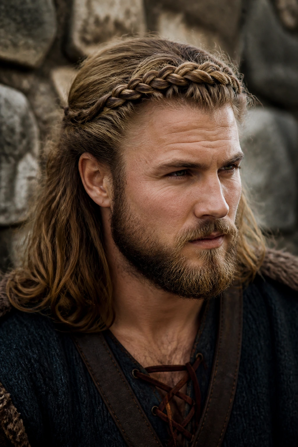 Man with crown braid and free ends outdoors