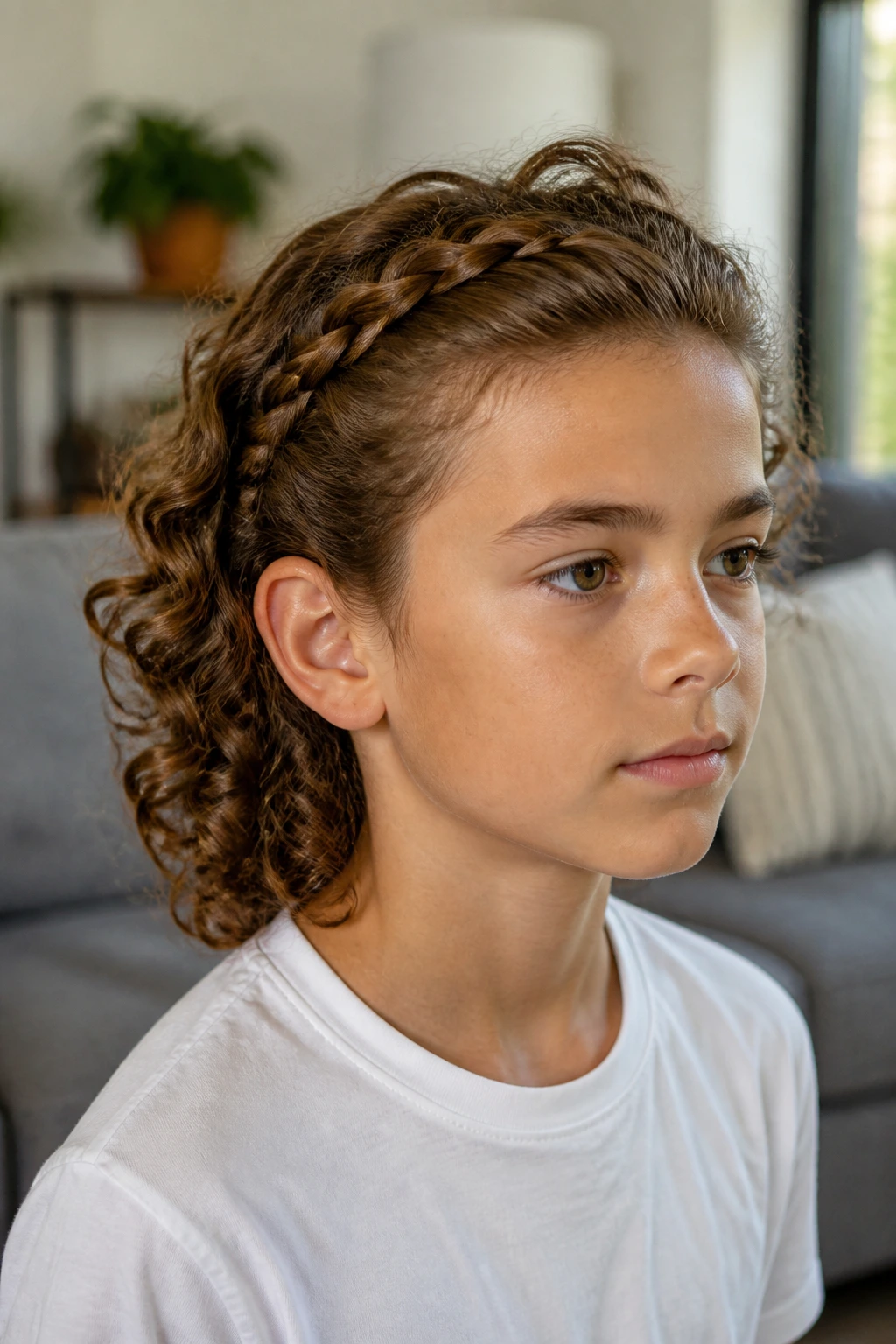 Portrait of a real boy with a crown braid and loose curls behind; soft indoor light