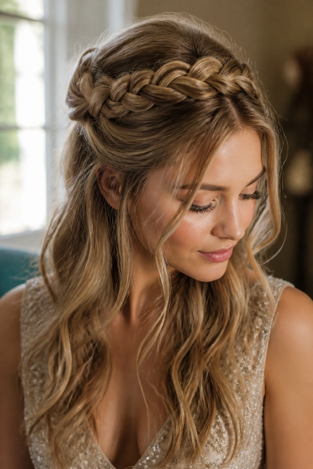 Close-up of real woman with crown braid hairstyle