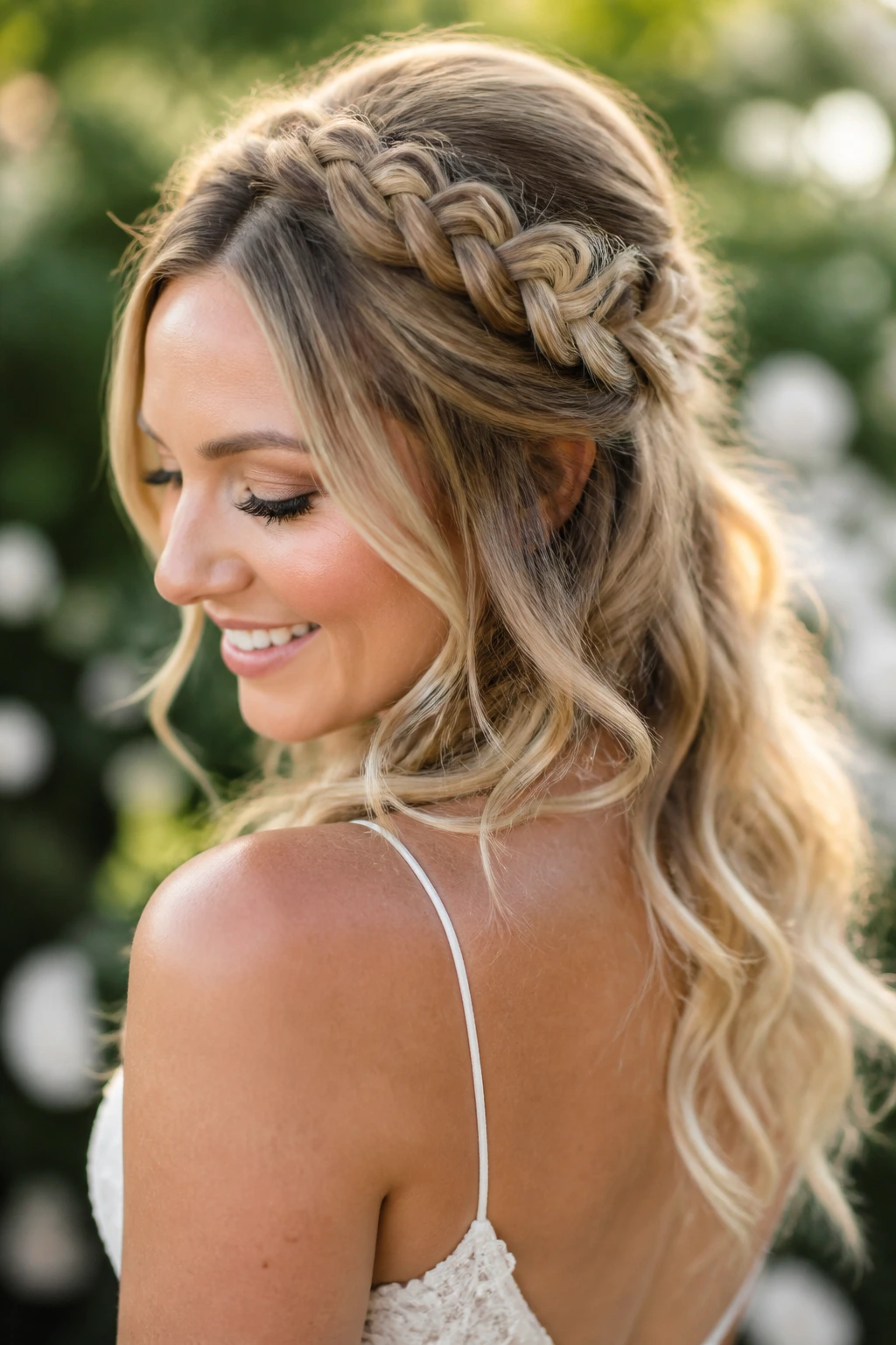Close-up of a real bride wearing crown braid with loose ends in soft light