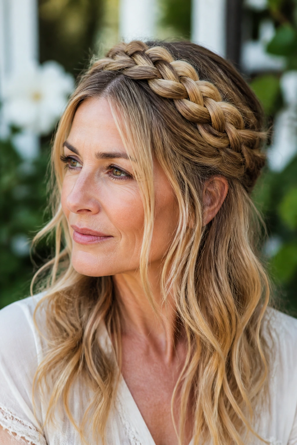 Real woman wearing a crown braid with loose ends