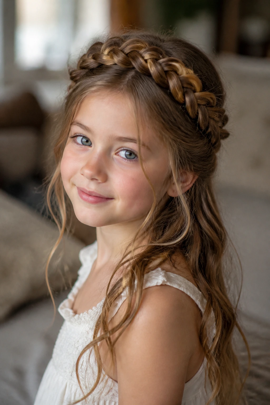 Portrait of a girl wearing a crown braid with loose ends and wispy hairs