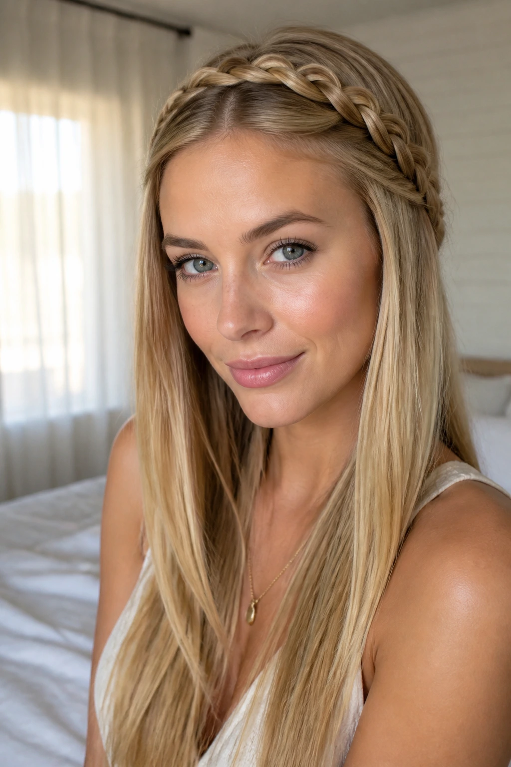 Real woman wearing crown braid around head with loose straight length hair