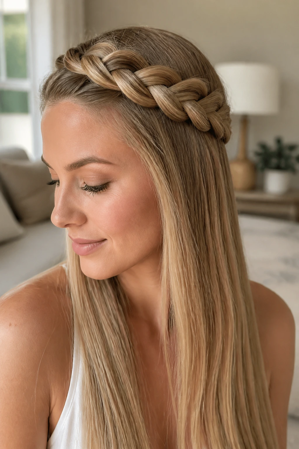 Close-up of a woman wearing a crown braid around her head with loose straight hair.