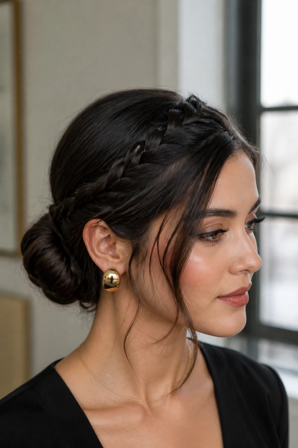 Portrait of a real woman with a crown-braid leading to a low bun