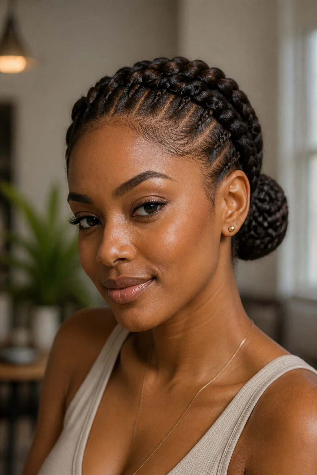 Real woman with crown braid and low bun in a warm-lit room