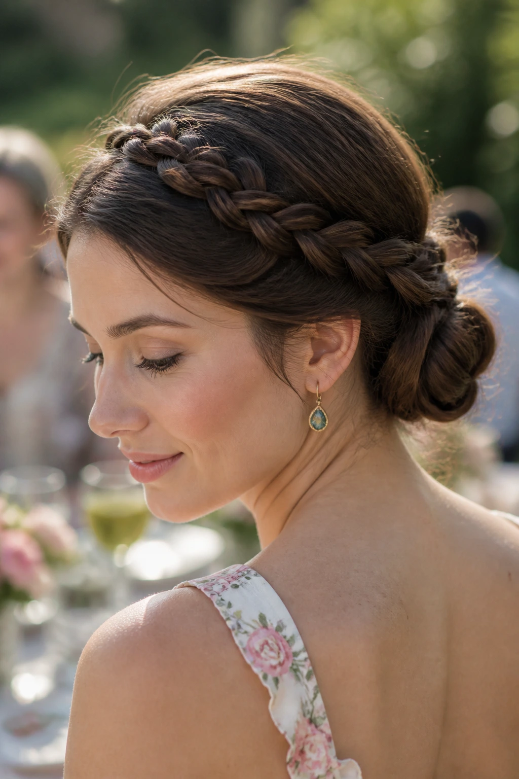 Close-up of crown braid into a low bun on real woman