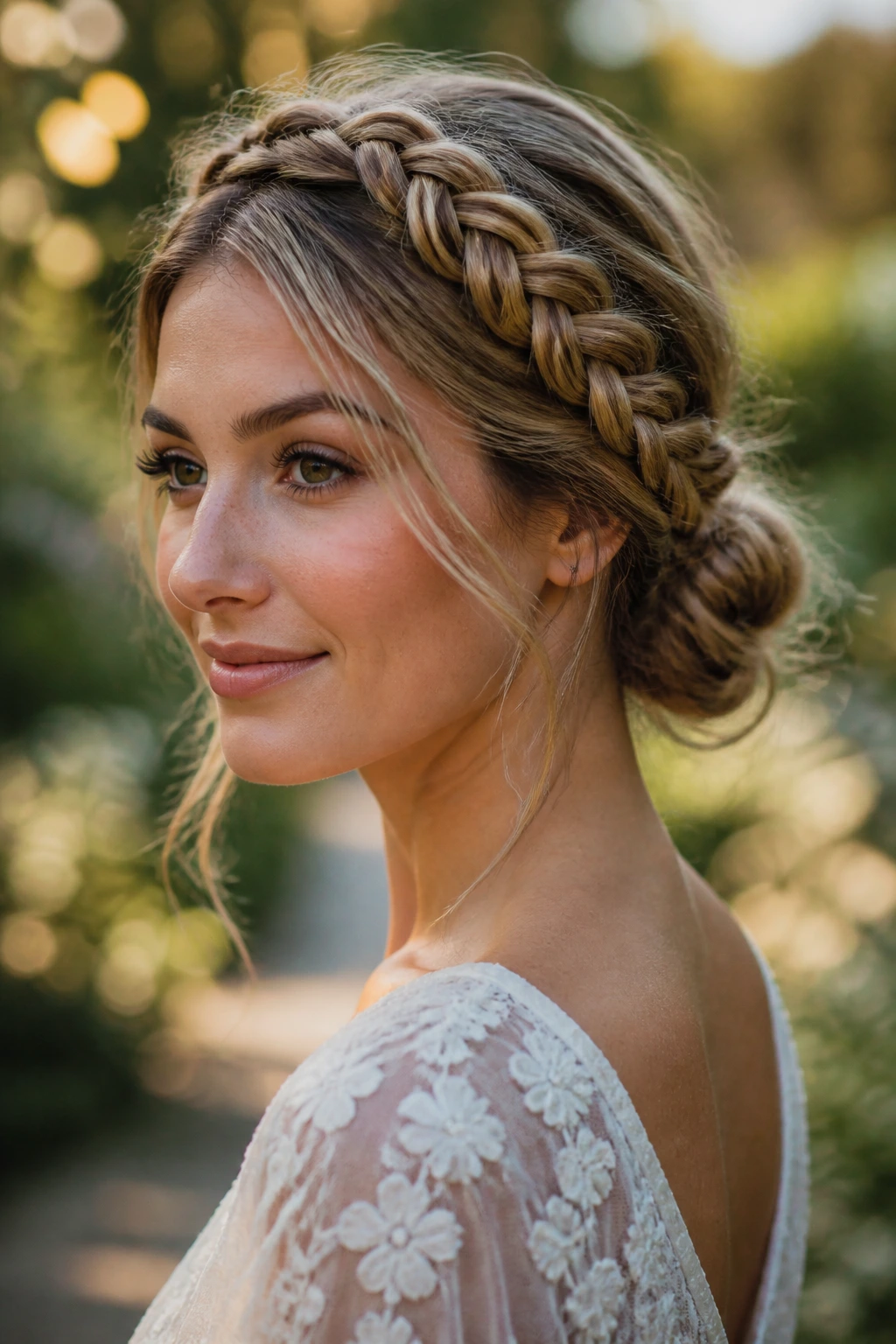 Real woman with crown braid framing the head and a low bun at the back in golden hour light