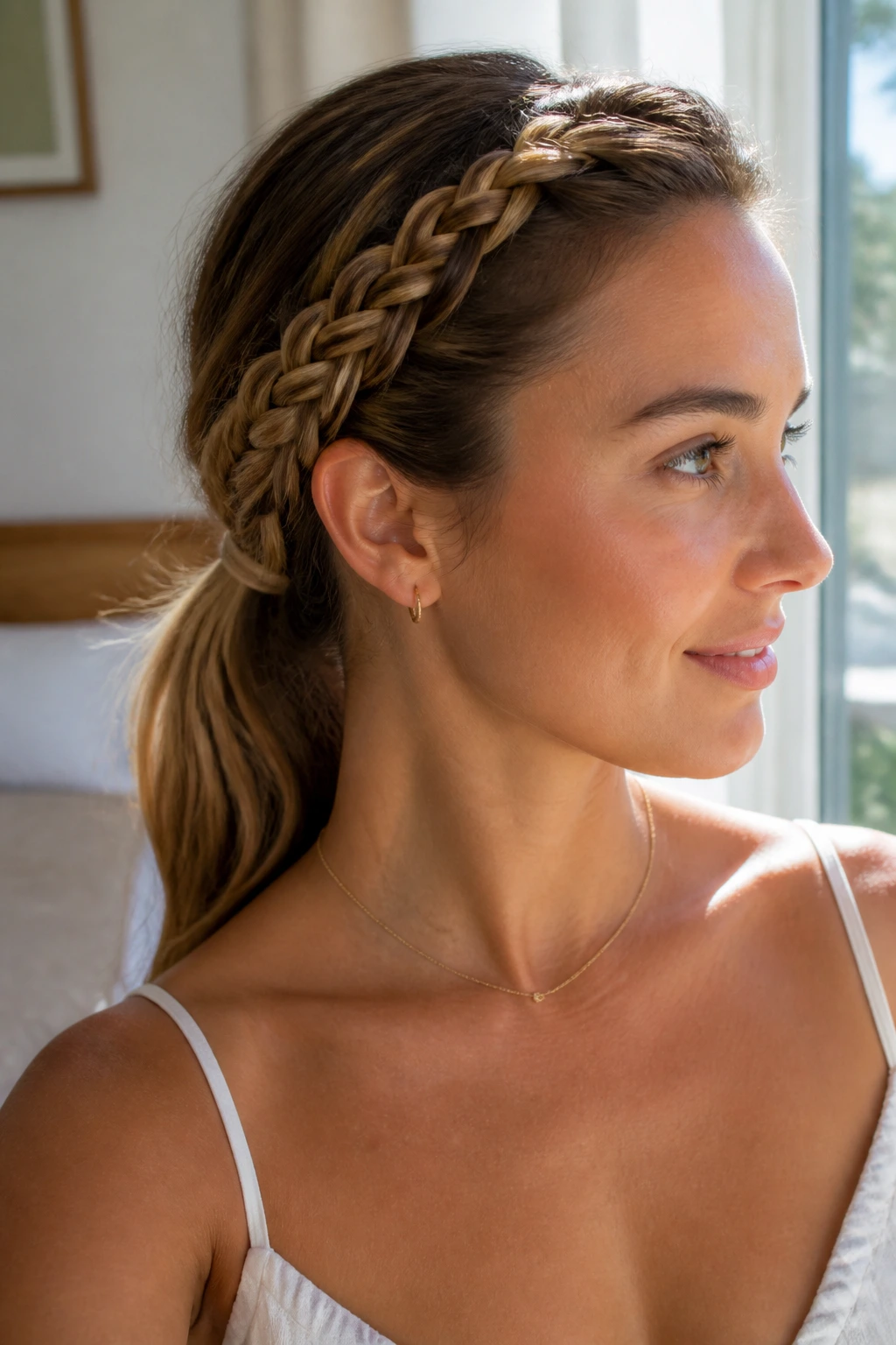 Close-up of a real woman with a crown braid flowing into a low ponytail
