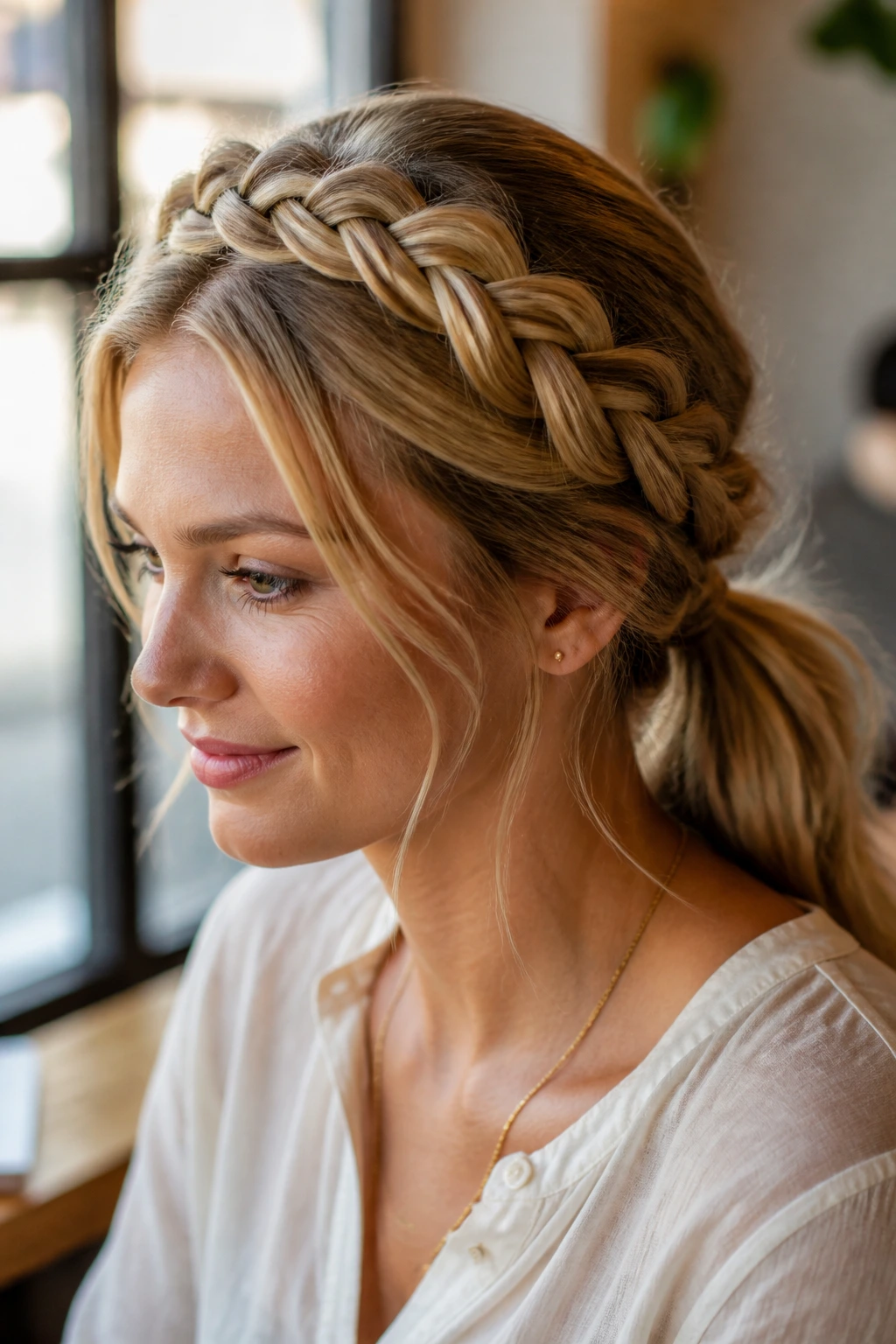 Real woman with crown braid across the crown and a low tail at the nape in cafe light