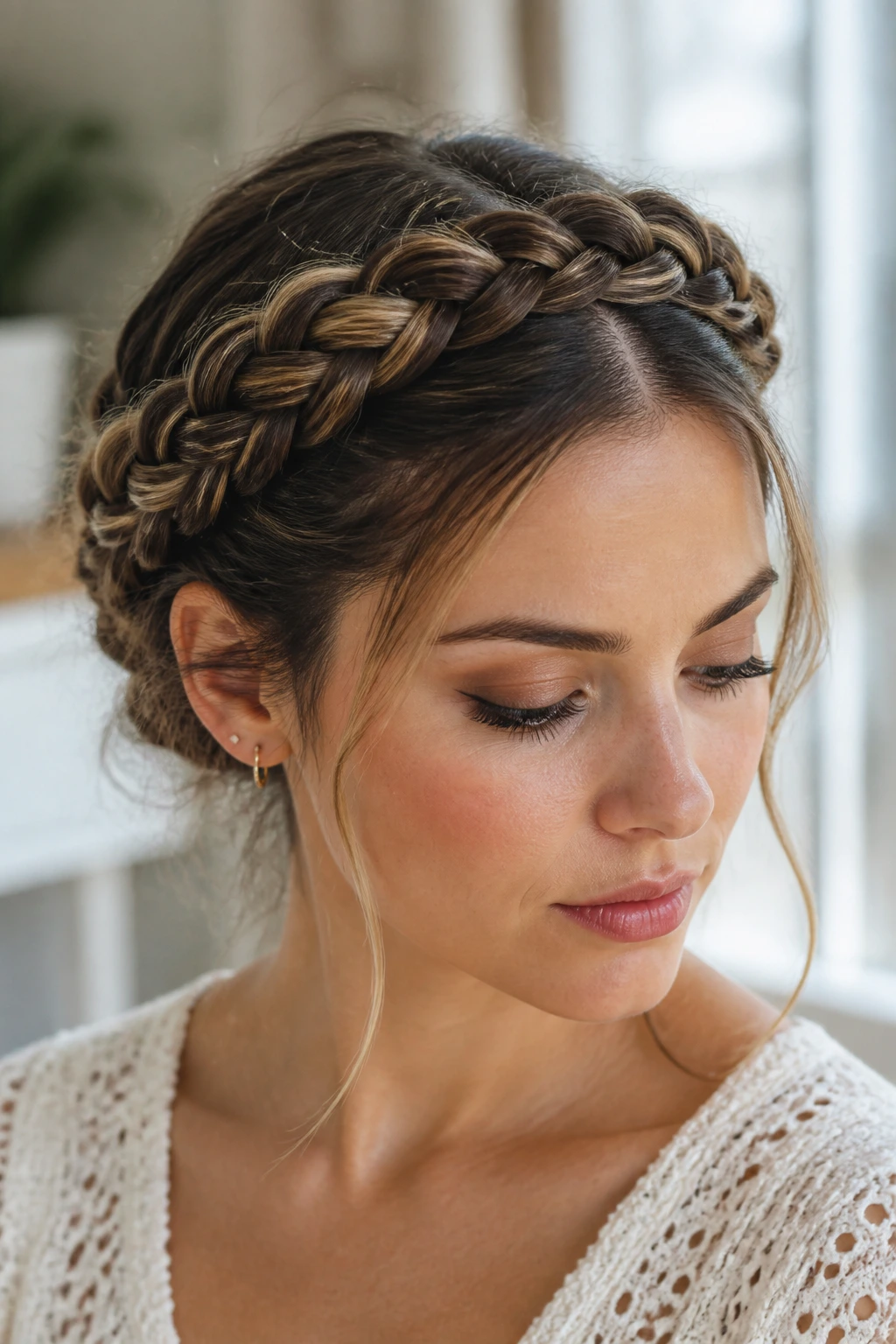 Real person wearing a braided crown with a clean center part