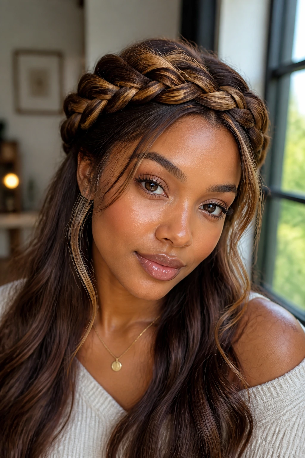 Close-up portrait of a woman wearing mocha and caramel crown braid.